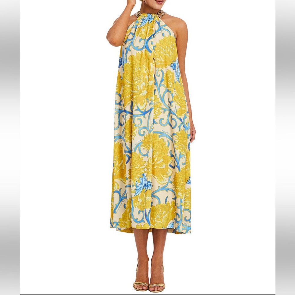 Mestiza New York Bijou Printed Twill Chain Halter Sleeveless Midi Dress
